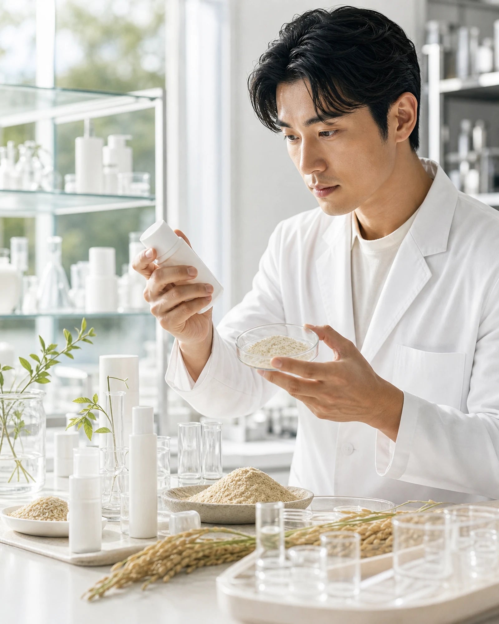 化粧品の原料と容器を確認する様子